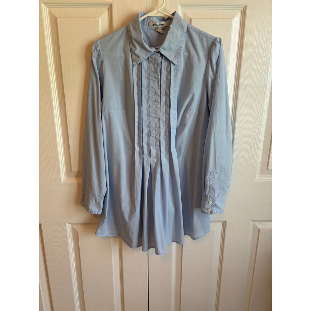 Vintage Katherine Barclay Blue Pleated Tuxedo Blouse Long Sleeve 1980s Style L